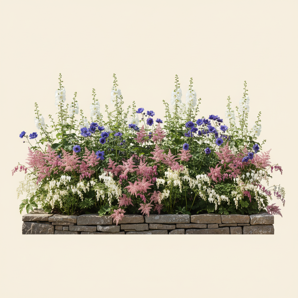 Rabatt med stockros, anemon, astilbe i full sol – 6 m² perennrabatt
