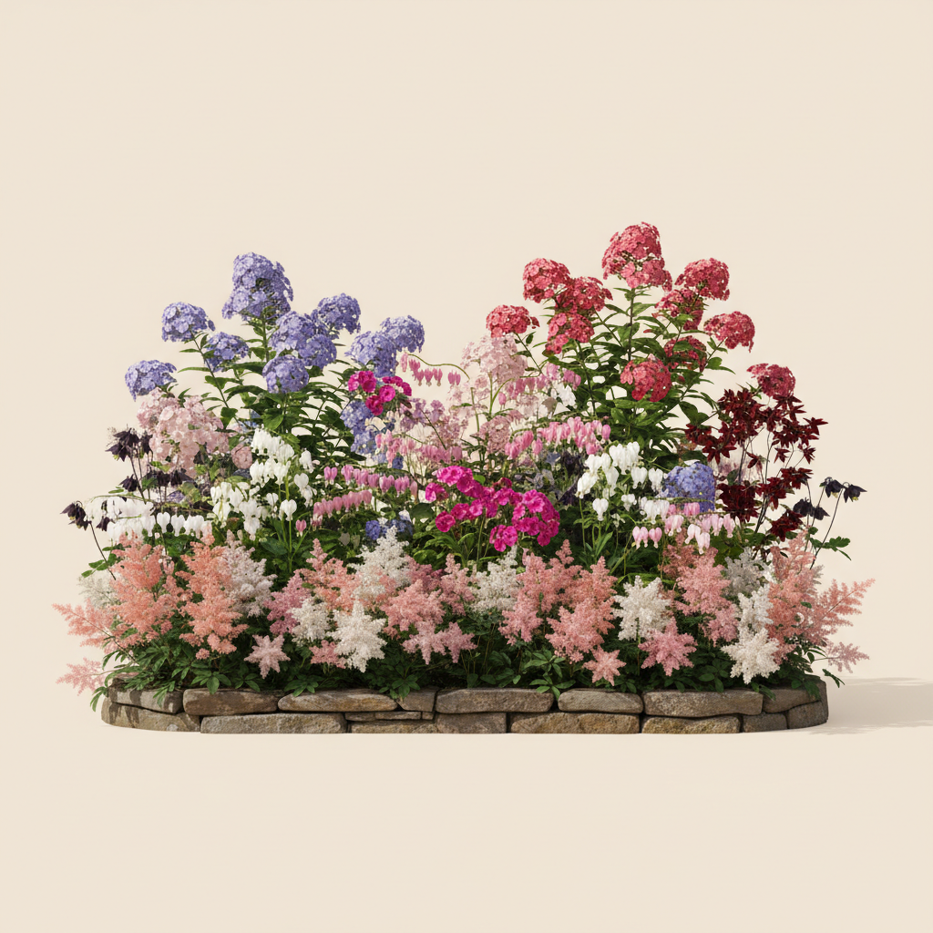 Rabatt med löjtnantshjärta, astilbe, höstflox i halvskugga – 39 m² perennrabatt