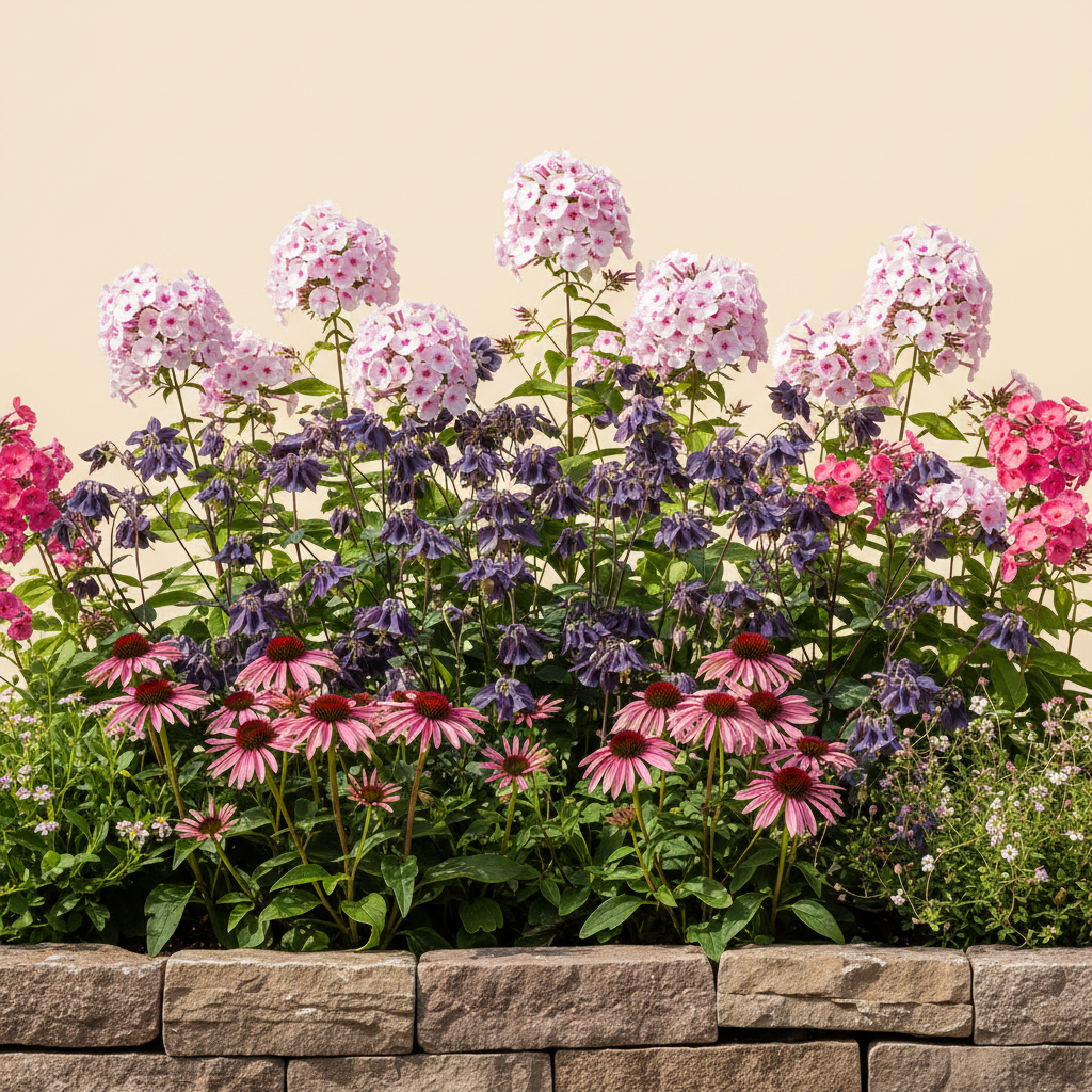 Rabatt med höstflox, akleja, röd i full sol – 1 m² perennrabatt