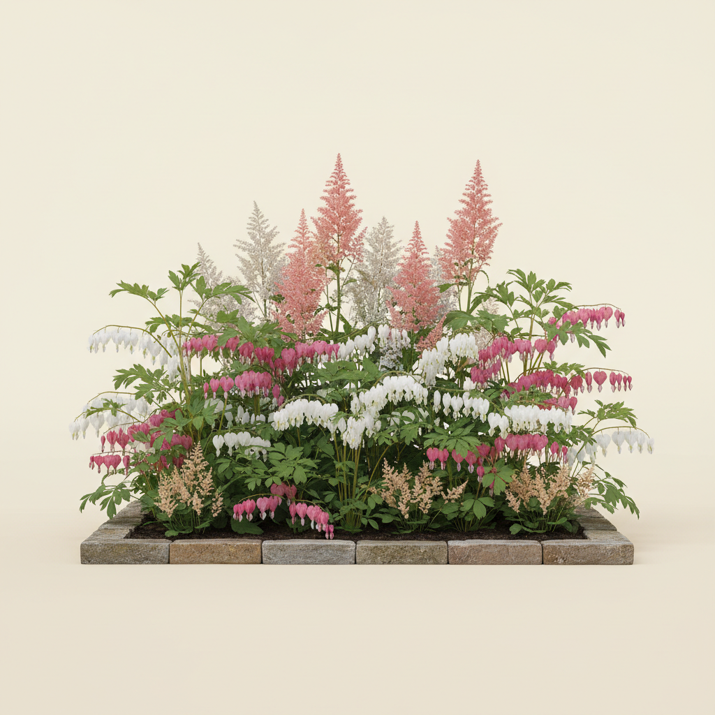 Rabatt med löjtnantshjärta, astilbe i skugga – 2 m² perennrabatt
