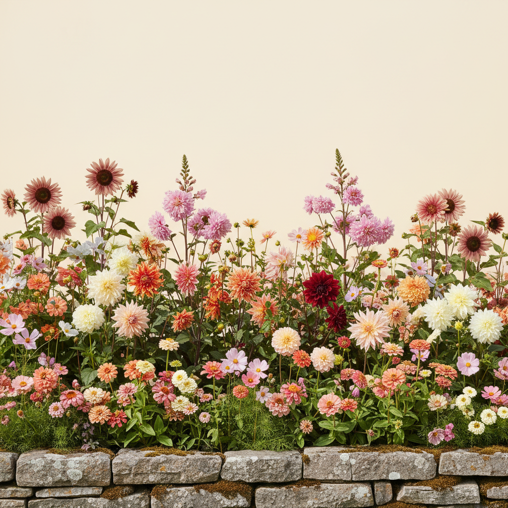 Rabatt med dahlia, zinnia, cosmos i full sol – 32 m² snittblomsterbädd