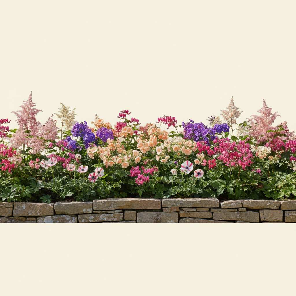 En liten 8 m² bädd i full sol — planerad för barrotsplantor. Här samsas Astilbe japonica 'Europa', Höstflox 'Amethyst', Höstflox 'Sherbet Blend', Löjtnantshjärta rosa/röd och Anemone 'Mistral Tigre', valda för att trivas tillsammans.