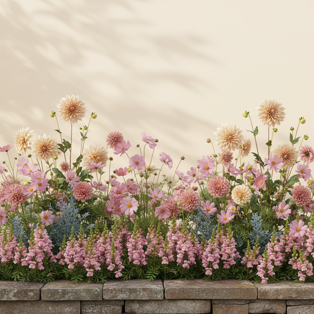 Rabatt med dahlia, rosenskära, lejongap i halvskugga – 2 m² snittblomsterbädd