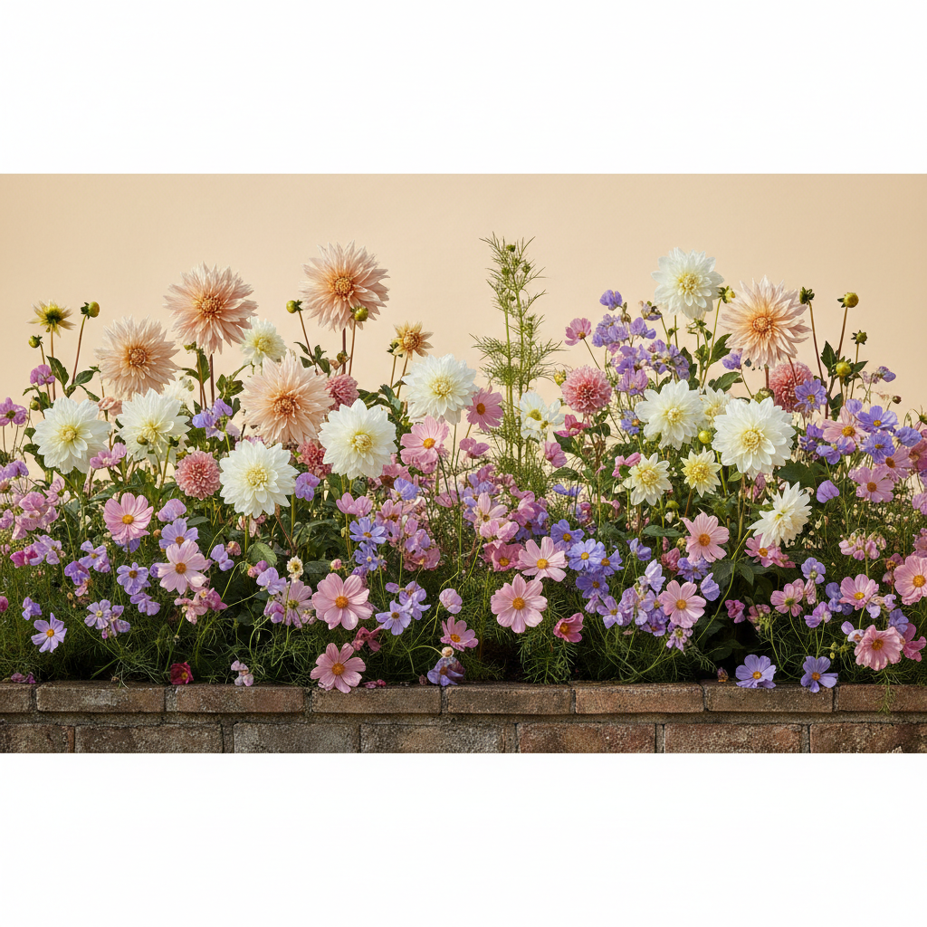En liten 2 m² bädd i halvskugga — planerad för snittblommor. Här samsas Dahlia 'Cafe au Lait', Dahlia 'Eveline', Rosenskära 'Double Dutch Rose' (frö) och Luktärt 'Royal Lavender' (frö), valda för att trivas tillsammans.