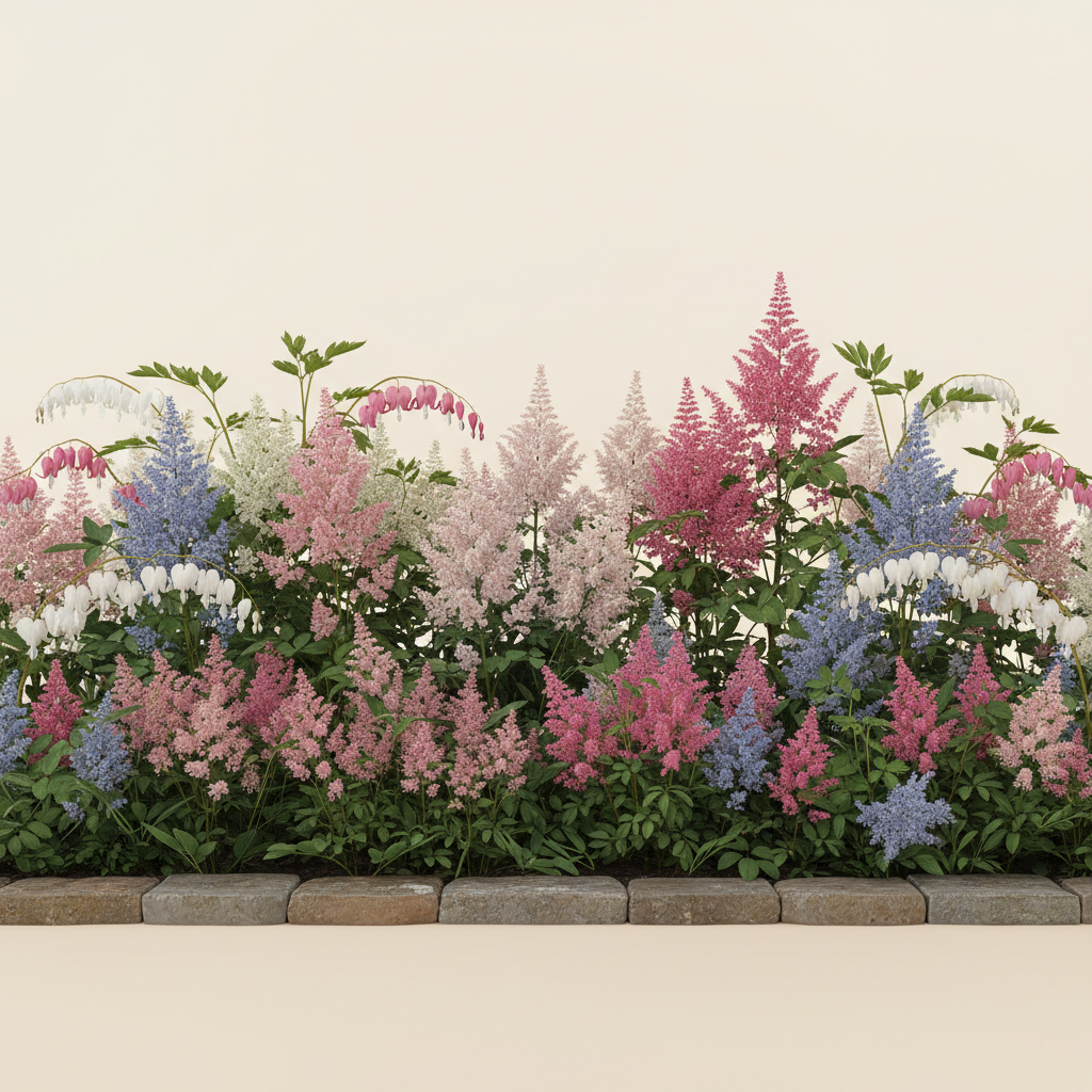 Rabatt med löjtnantshjärta, astilbe i skugga – 10 m² perennrabatt