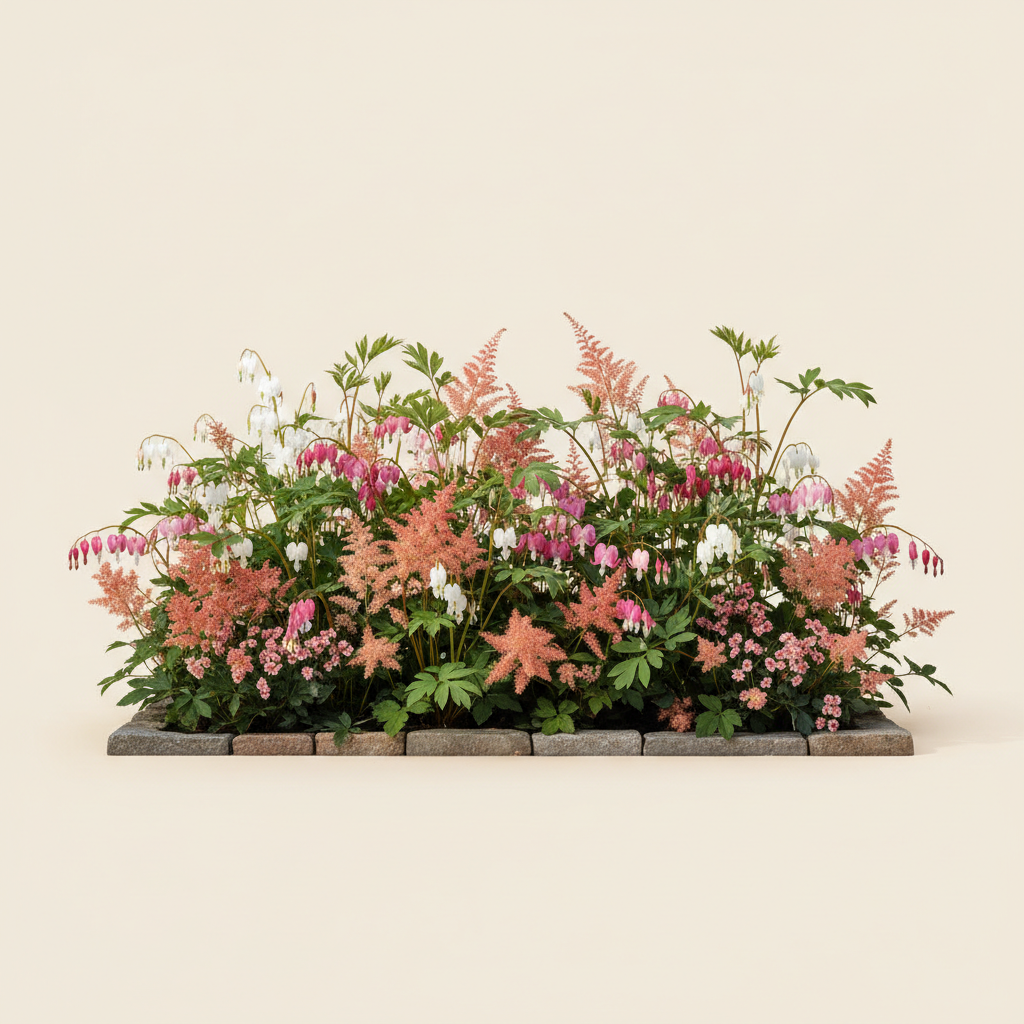 Rabatt med löjtnantshjärta, astilbe i halvskugga – 2 m² perennrabatt