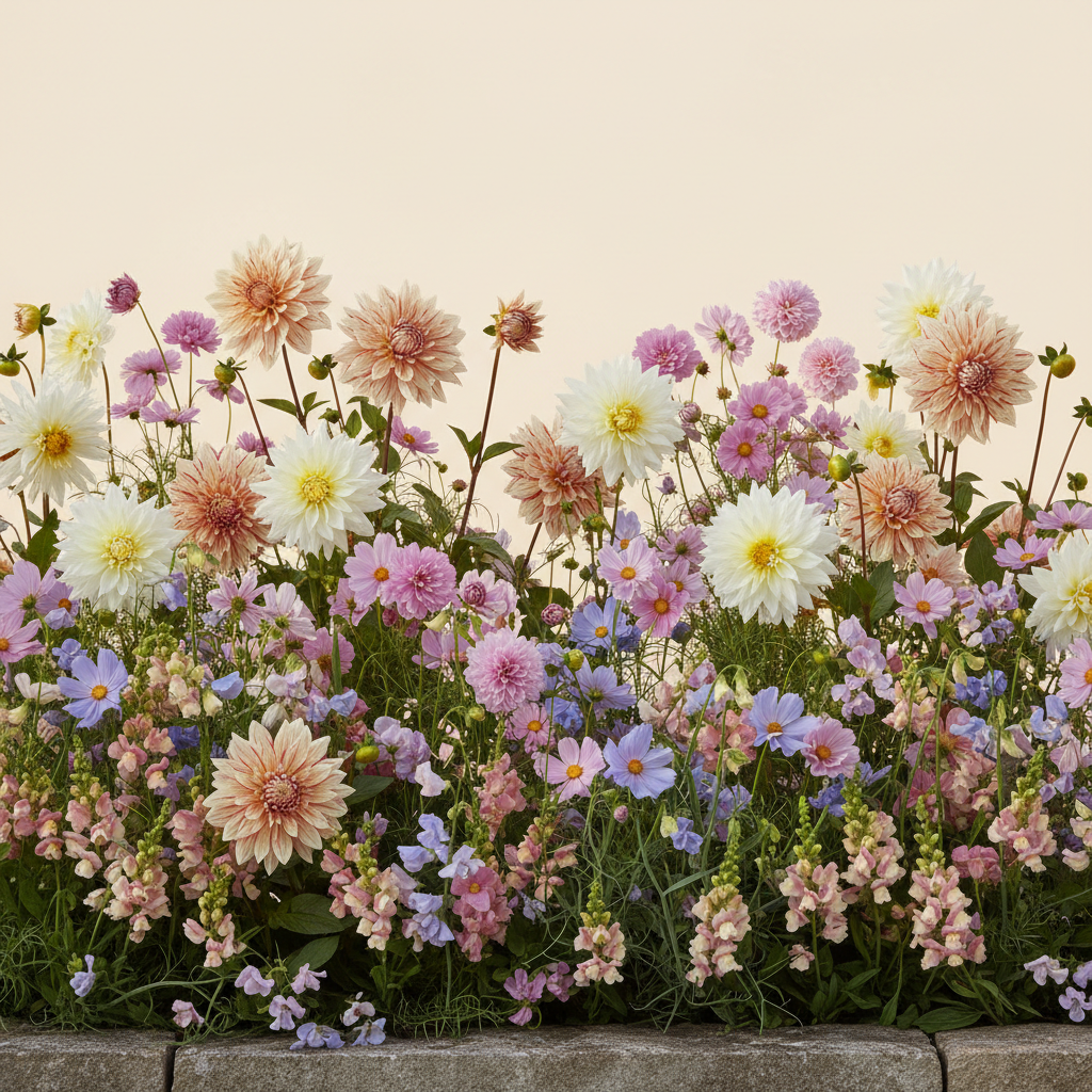Rabatt med dahlia, rosenskära, luktärt i halvskugga – 6 m² snittblomsterbädd
