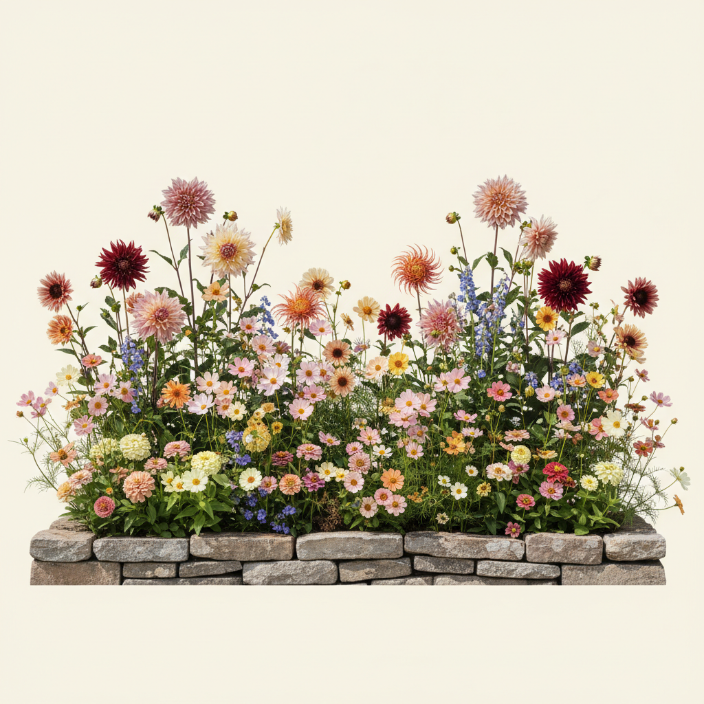 Rabatt med dahlia, zinnia, cosmos i full sol – 3 m² snittblomsterbädd