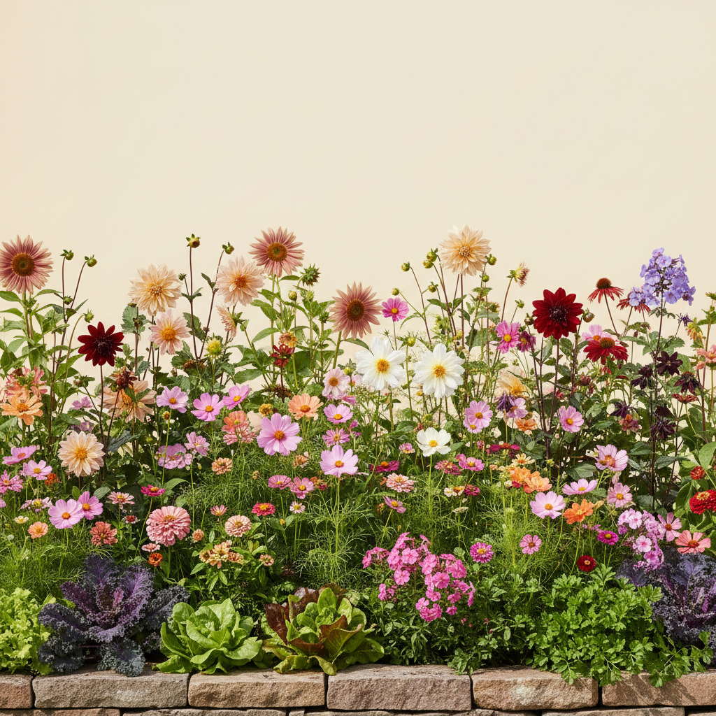 Rabatt med dahlia, zinnia, cosmos i full sol – 60 m² blandad rabatt