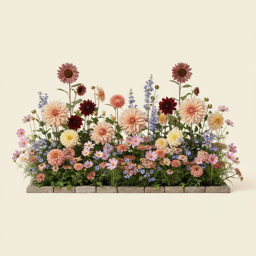 Rabatt med dahlia, zinnia, cosmos i full sol – 8 m² snittblomsterbädd