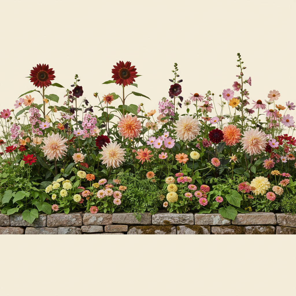 Rabatt med dahlia, zinnia, cosmos i full sol – 45 m² blandad rabatt