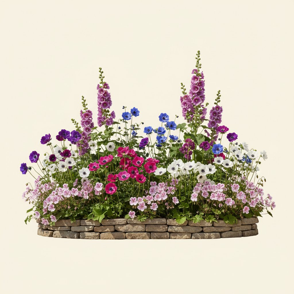 Rabatt med anemone, anemon, näva i full sol – 14 m² perennrabatt