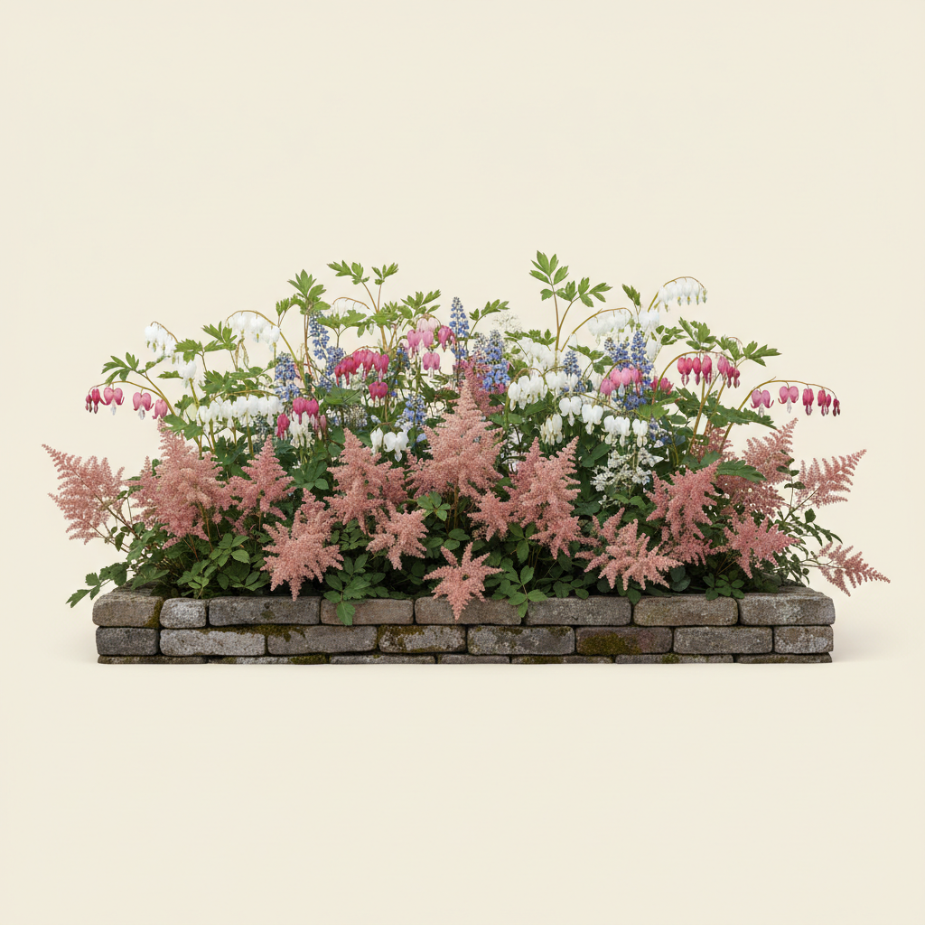 Rabatt med löjtnantshjärta, astilbe i skugga – 1 m² perennrabatt
