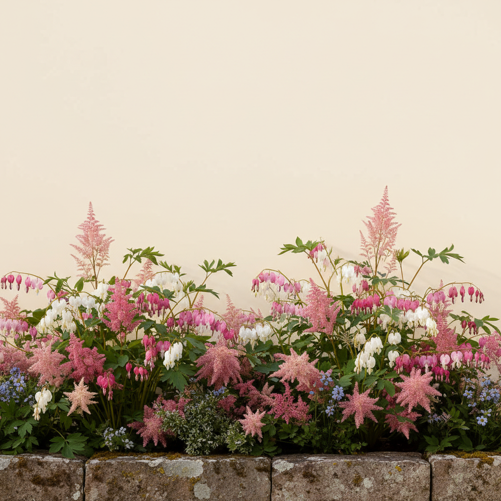 Rabatt med löjtnantshjärta, astilbe i halvskugga – 2 m² perennrabatt