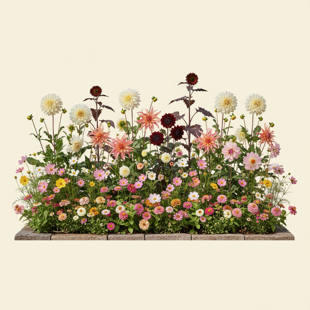Rabatt med dahlia, zinnia, cosmos i full sol – 6 m² snittblomsterbädd