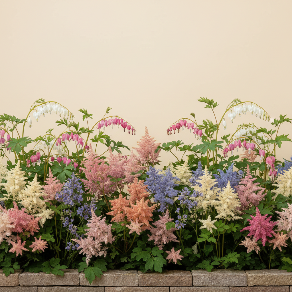 Rabatt med löjtnantshjärta, astilbe i skugga – 6 m² perennrabatt