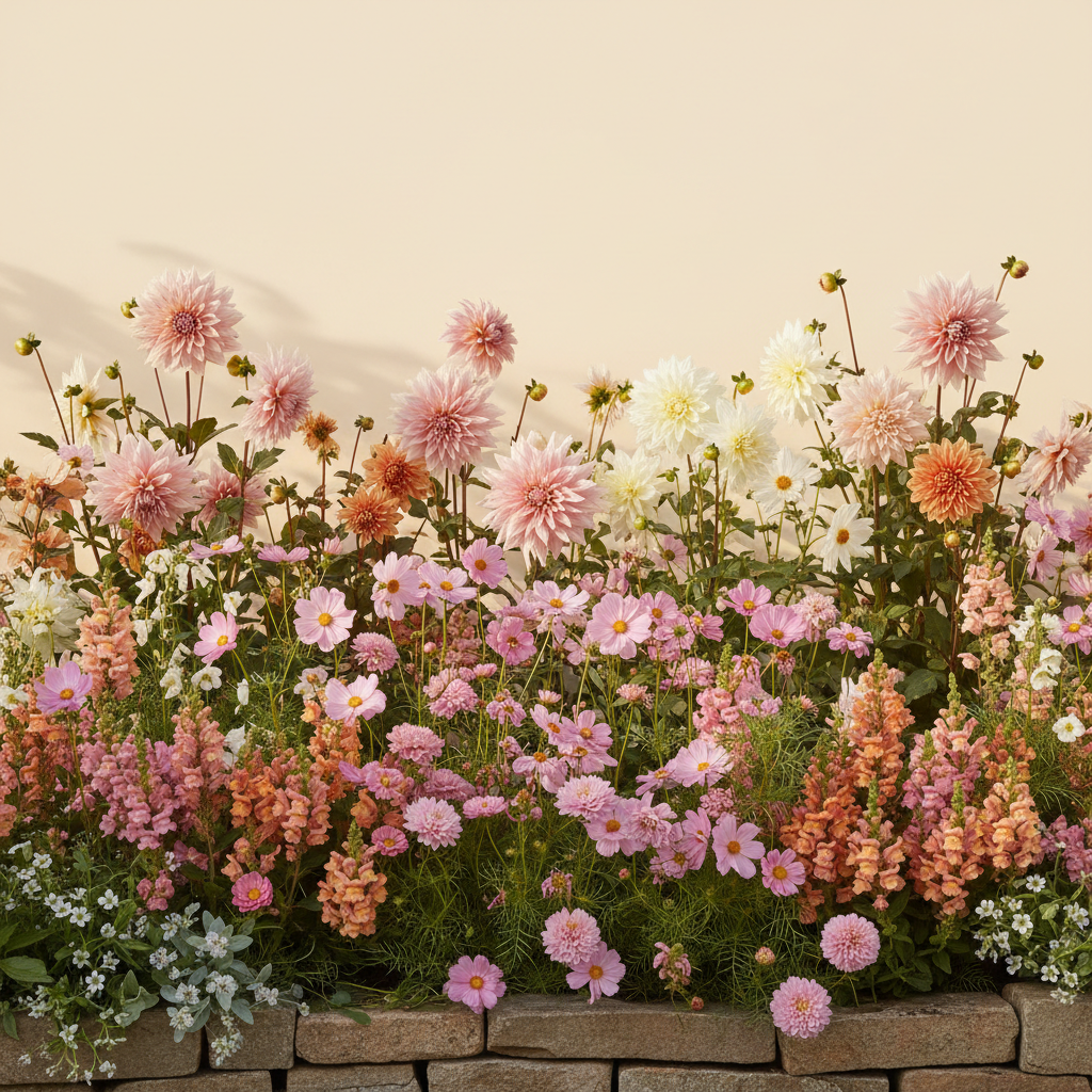 Rabatt med dahlia, rosenskära, lejongap i halvskugga – 6 m² snittblomsterbädd