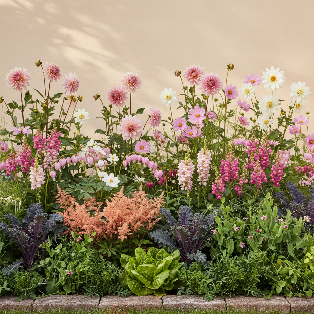 Rabatt med dahlia, rosenskära, lejongap i halvskugga – 20 m² blandad rabatt
