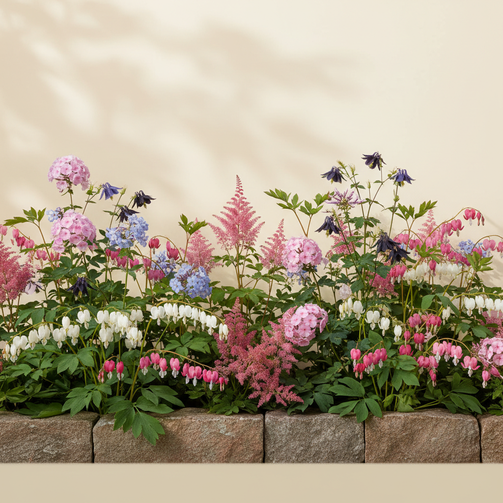 Rabatt med löjtnantshjärta, astilbe, höstflox i halvskugga – 6 m² perennrabatt