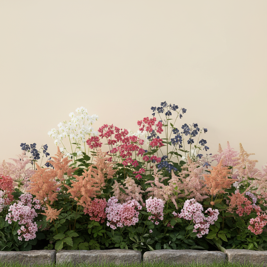 Rabatt med löjtnantshjärta, astilbe, höstflox i halvskugga – 12 m² perennrabatt