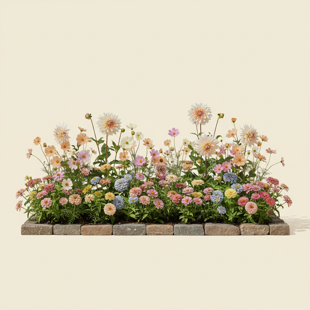 Rabatt med dahlia, zinnia, cosmos i full sol – 1 m² snittblomsterbädd
