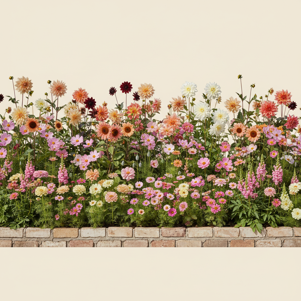 Rabatt med dahlia, zinnia, cosmos i full sol – 60 m² snittblomsterbädd