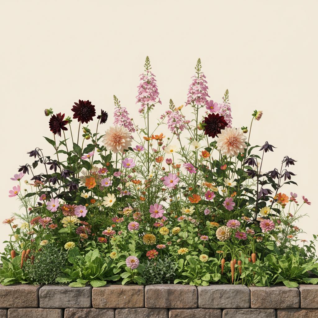 Rabatt med dahlia, zinnia, cosmos i full sol – 6 m² blandad rabatt