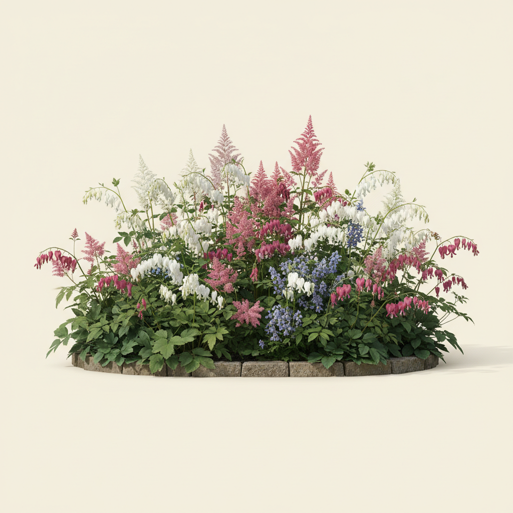 Rabatt med löjtnantshjärta, astilbe i halvskugga – 1 m² perennrabatt