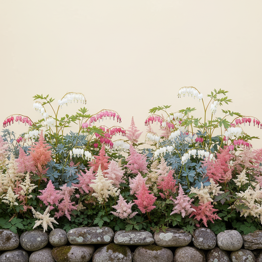 Rabatt med löjtnantshjärta, astilbe i skugga – 6 m² perennrabatt