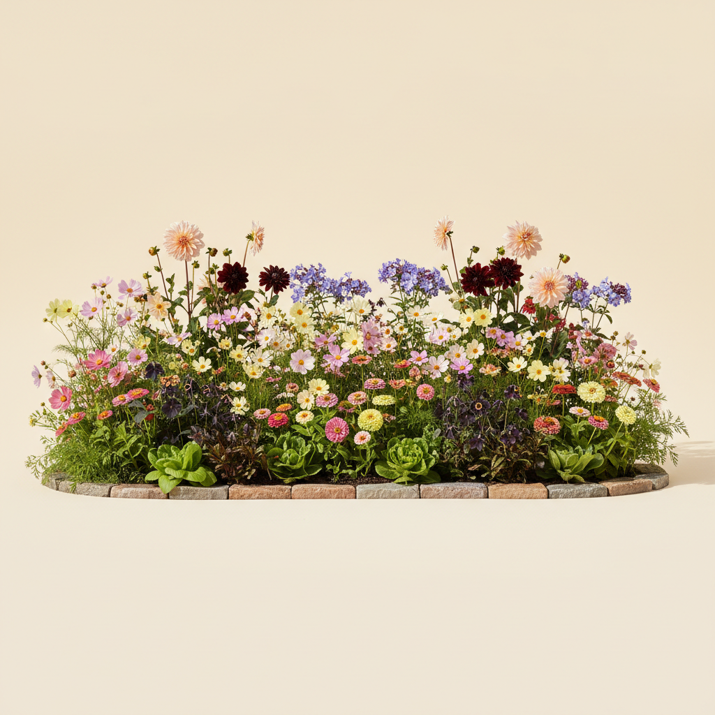 Rabatt med dahlia, zinnia, cosmos i full sol – 6 m² blandad rabatt