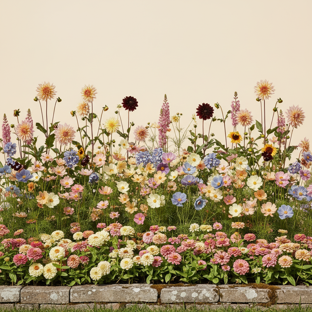 Rabatt med dahlia, zinnia, cosmos i full sol – 18 m² snittblomsterbädd