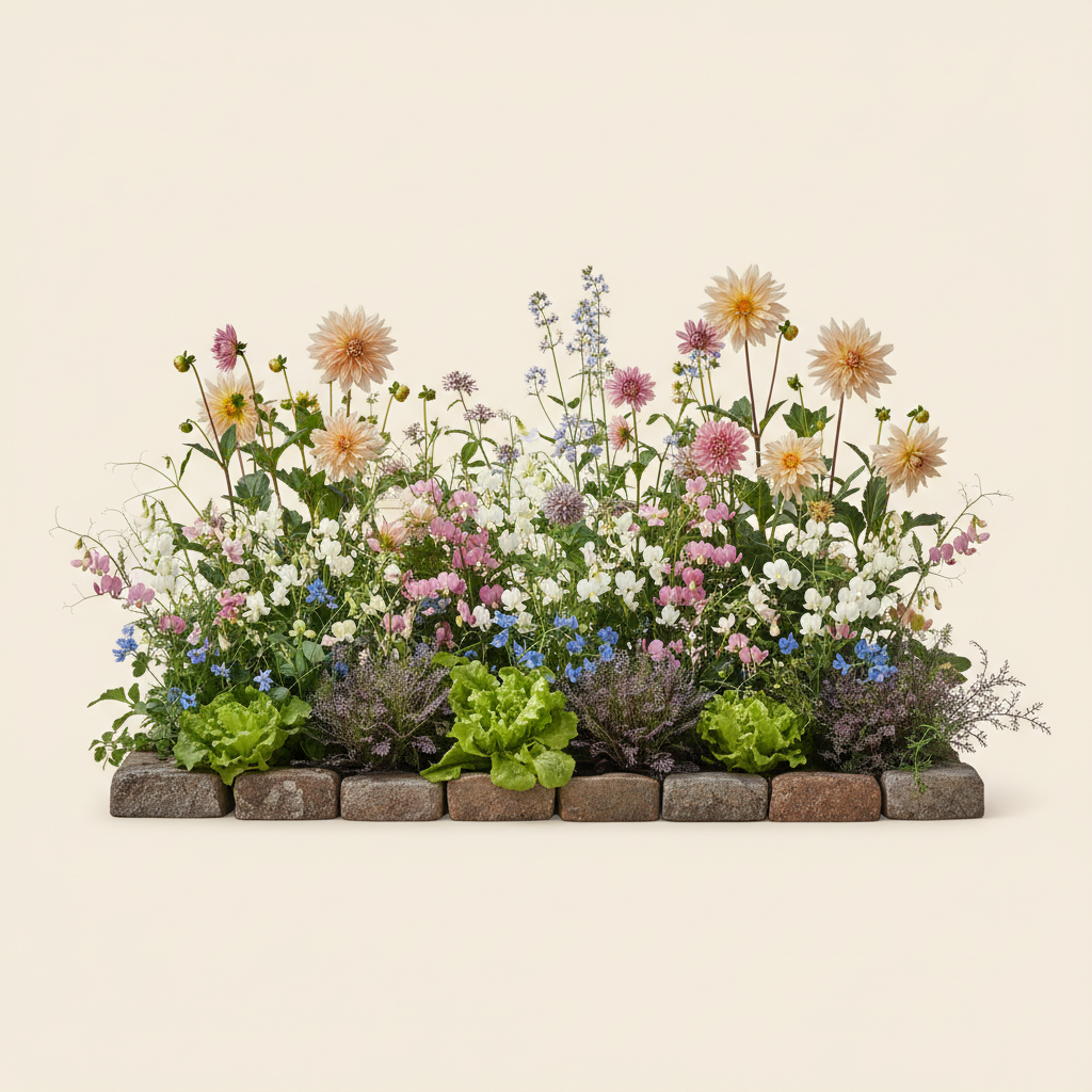 Rabatt med dahlia, rosenskära, trädgårdssallat i halvskugga – 2 m² blandad rabatt
