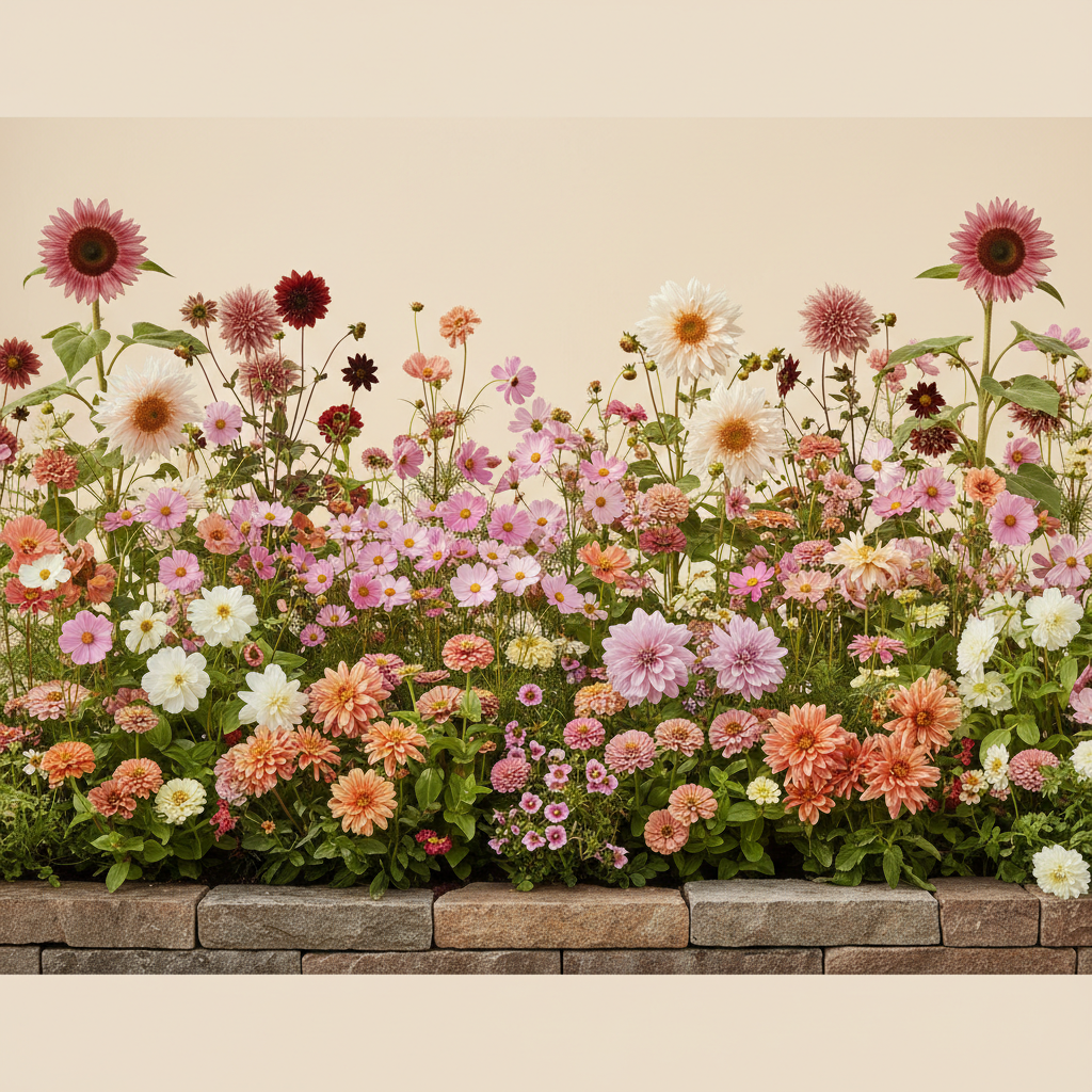 Rabatt med dahlia, zinnia, cosmos i full sol – 20 m² snittblomsterbädd