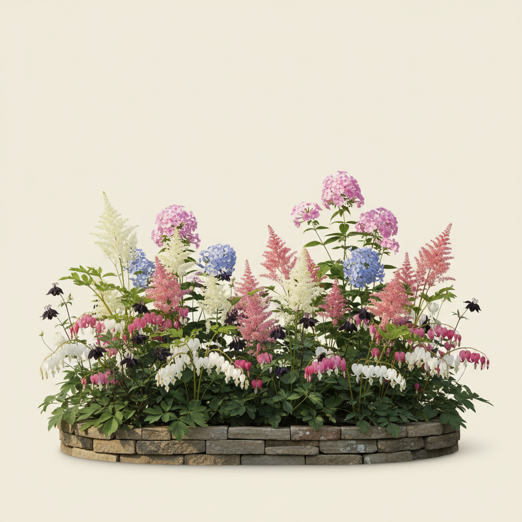 Rabatt med löjtnantshjärta, astilbe, höstflox i halvskugga – 6 m² perennrabatt