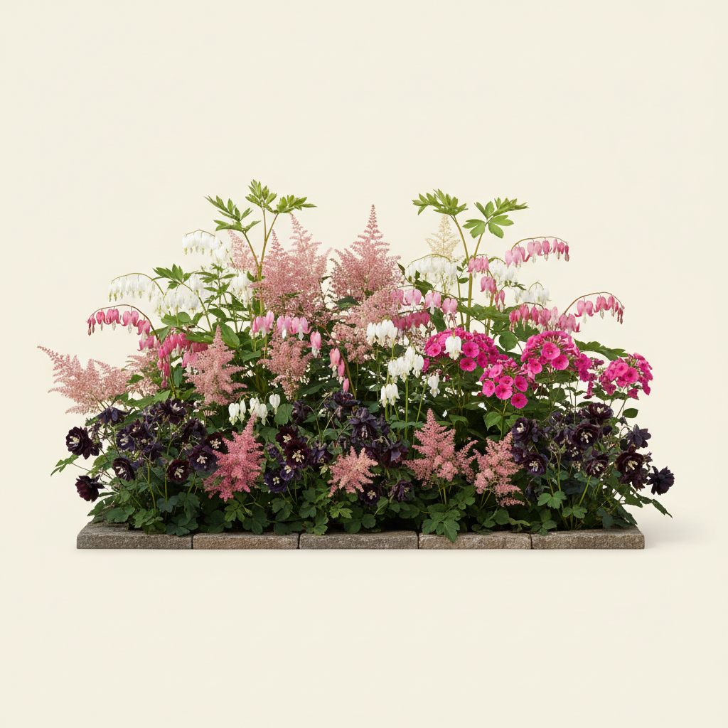 Rabatt med löjtnantshjärta, astilbe, höstflox i halvskugga – 6 m² perennrabatt