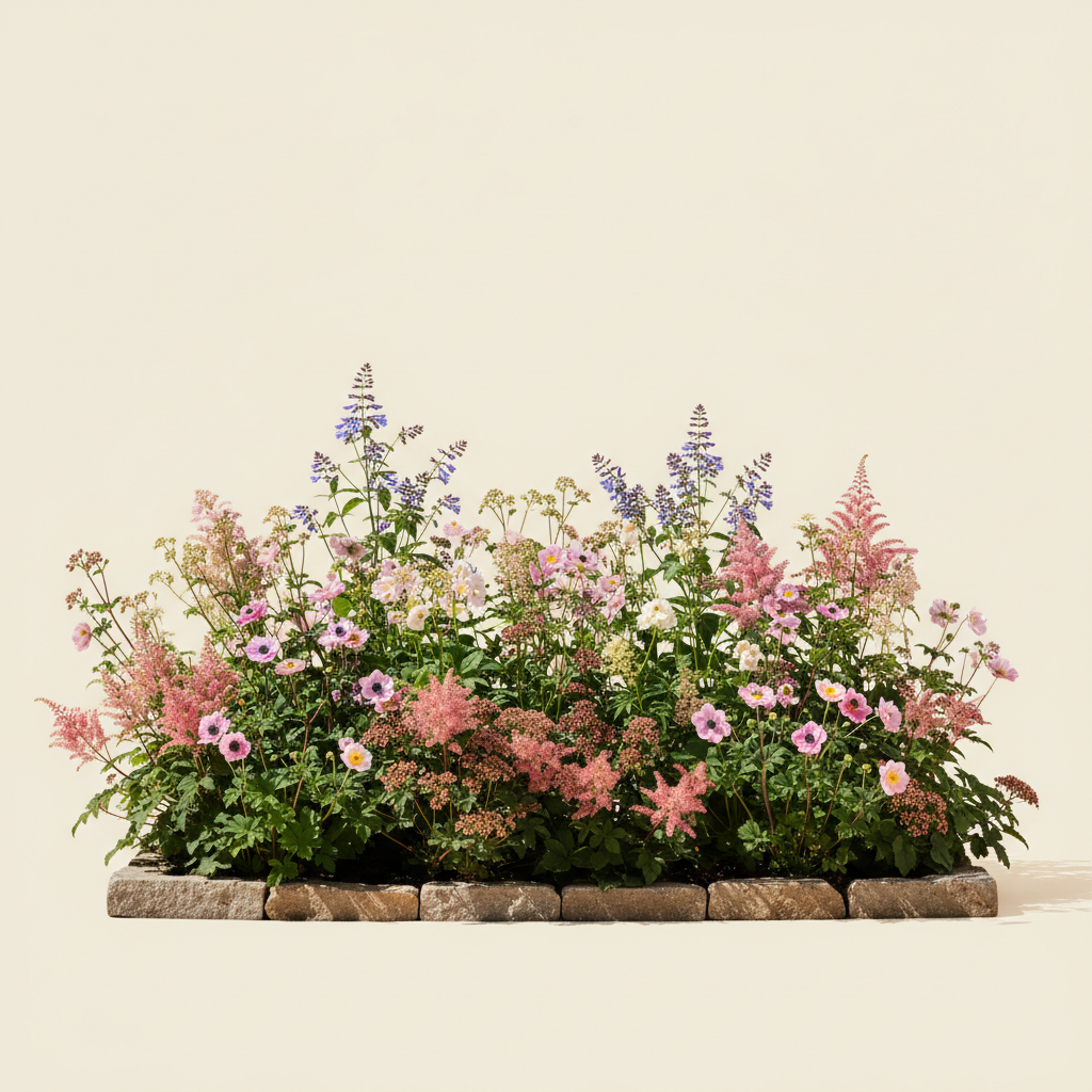En liten 8 m² bädd i full sol — planerad för barrotsplantor. Här samsas Astilbe japonica 'Europa', Höstflox 'Amethyst', Höstflox 'Sherbet Blend', Löjtnantshjärta rosa/röd och Anemone 'Mistral Tigre', valda för att trivas tillsammans.