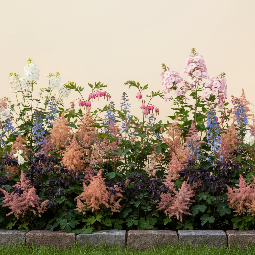 Rabatt med löjtnantshjärta, astilbe, höstflox i halvskugga – 12 m² perennrabatt