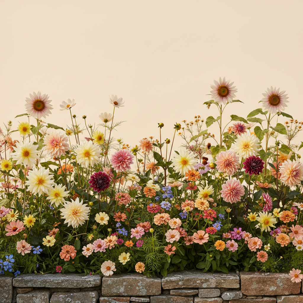 Rabatt med dahlia, zinnia, cosmos i full sol – 6 m² snittblomsterbädd