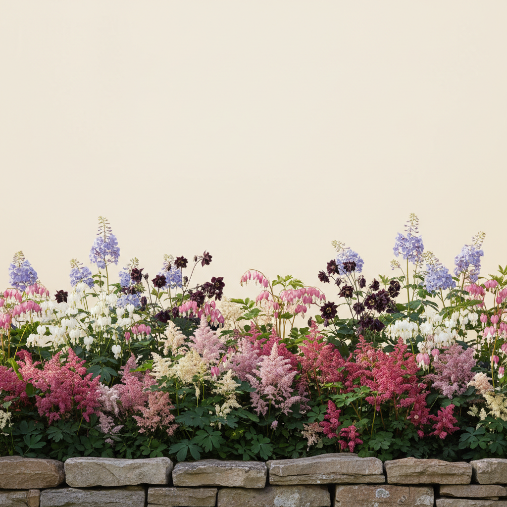 Rabatt med löjtnantshjärta, astilbe, höstflox i halvskugga – 60 m² perennrabatt