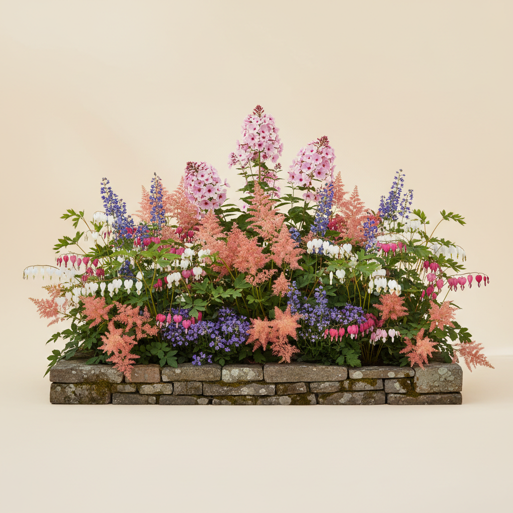 Rabatt med löjtnantshjärta, astilbe, höstflox i halvskugga – 4 m² perennrabatt