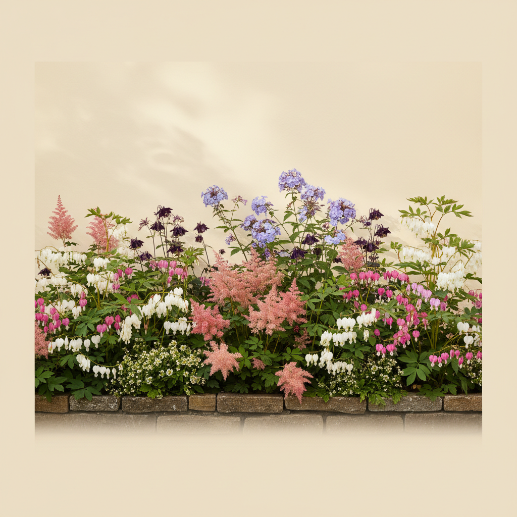 Rabatt med löjtnantshjärta, astilbe, höstflox i halvskugga – 6 m² perennrabatt