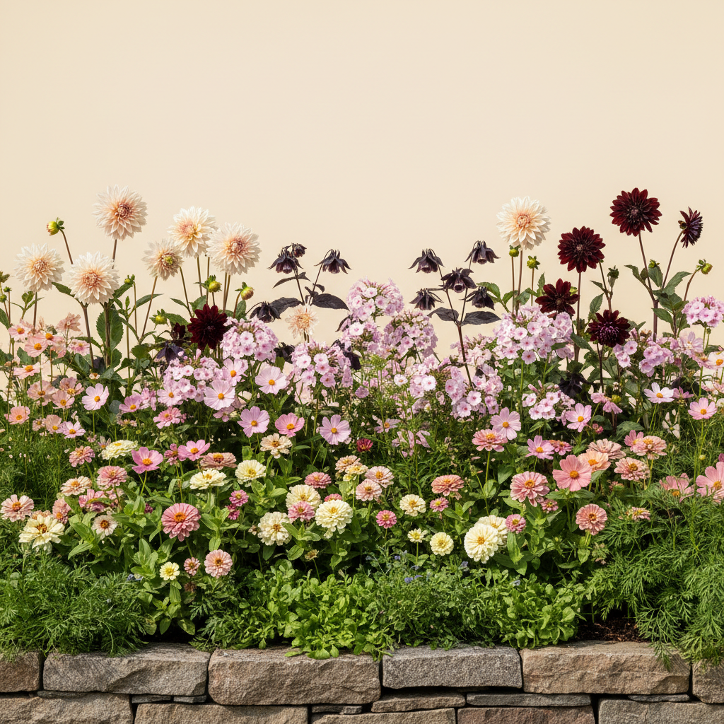 Rabatt med dahlia, zinnia, cosmos i full sol – 11 m² blandad rabatt