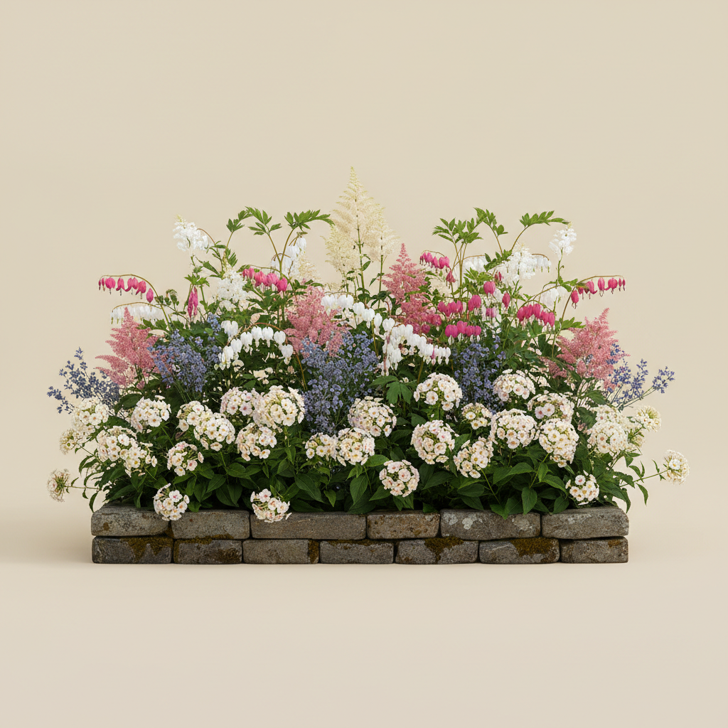 Rabatt med löjtnantshjärta, astilbe, höstflox i halvskugga – 4 m² perennrabatt