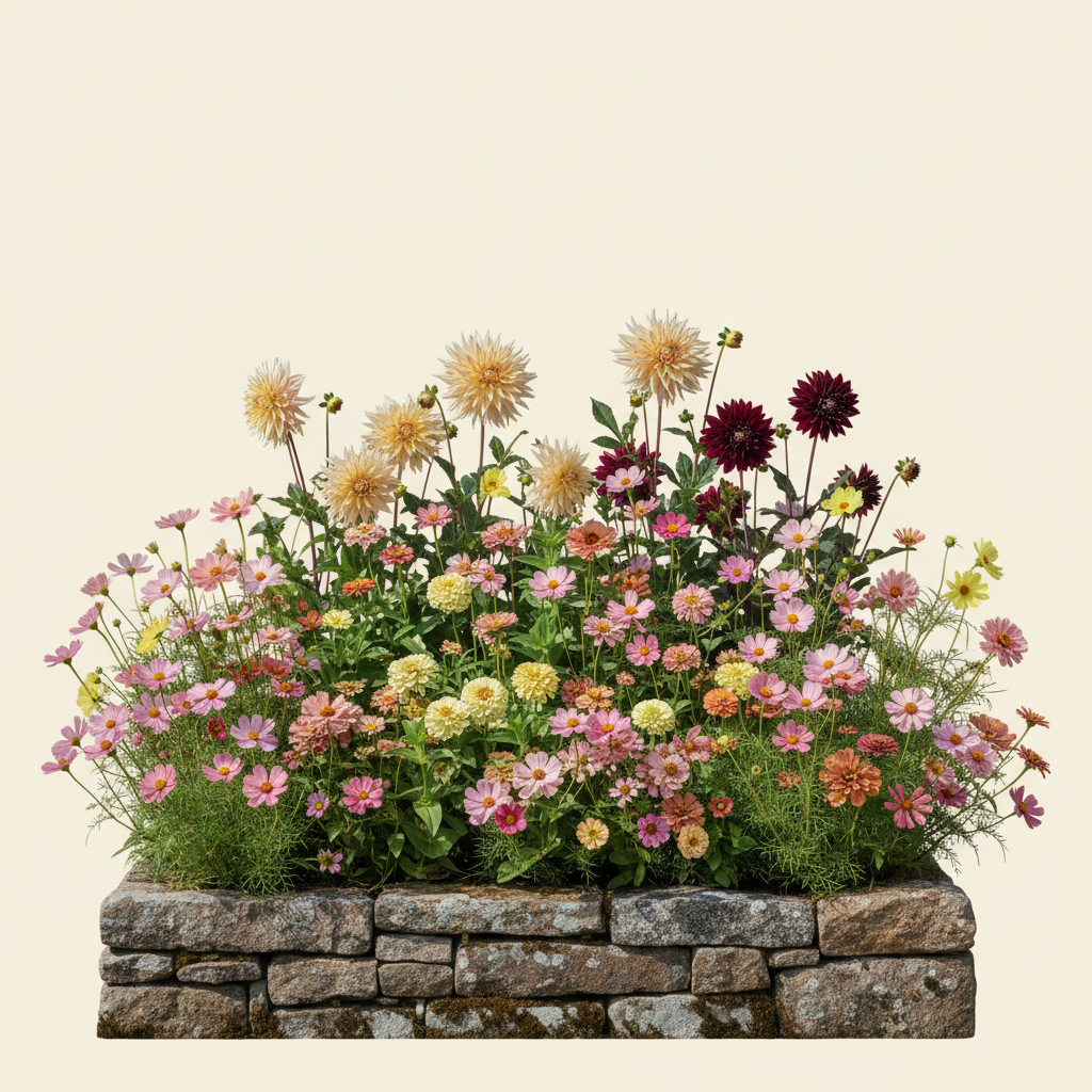 Rabatt med dahlia, zinnia, cosmos i full sol – 1 m² snittblomsterbädd