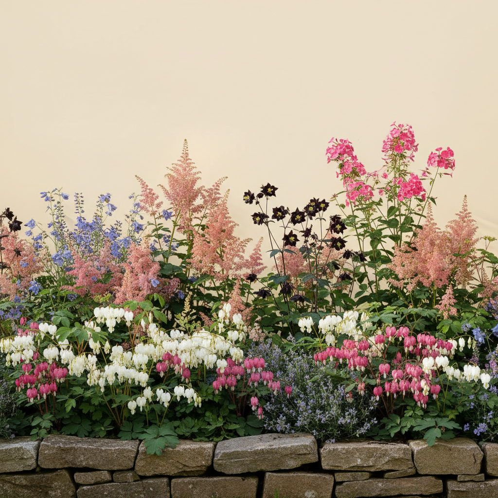 Rabatt med löjtnantshjärta, astilbe, höstflox i halvskugga – 10 m² perennrabatt
