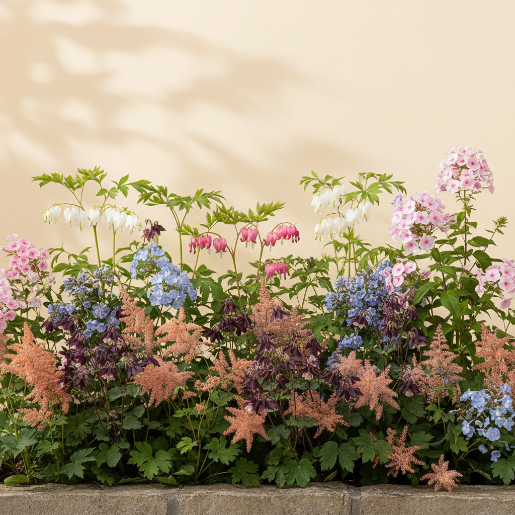 Rabatt med löjtnantshjärta, astilbe, höstflox i halvskugga – 13 m² perennrabatt