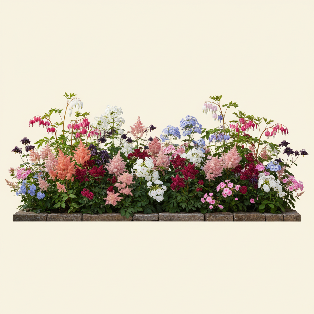 Rabatt med löjtnantshjärta, astilbe, höstflox i halvskugga – 60 m² perennrabatt
