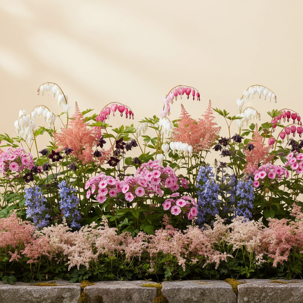 Rabatt med löjtnantshjärta, astilbe, höstflox i halvskugga – 12 m² perennrabatt