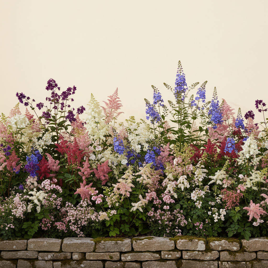 En liten 60 m² bädd i halvskugga — planerad för barrotsplantor. Här samsas Löjtnantshjärta vit, Löjtnantshjärta rosa/röd, Astilbe 'Younique Salmon', Höstflox 'Brilliant Eye', Akleja 'Black Barlow', Astilbe 'Look At Me', Astilbe japonica 'Europa', Astilbe 'Vision in Red', Höstflox 'Blue Paradise' och Höstflox 'Bright Eyes', valda för att trivas tillsammans.