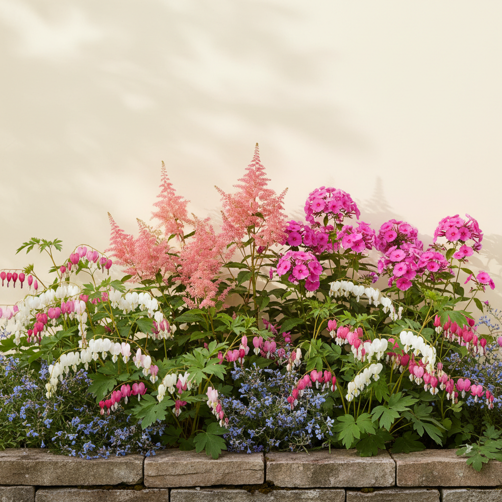 Rabatt med löjtnantshjärta, astilbe, höstflox i halvskugga – 4 m² perennrabatt